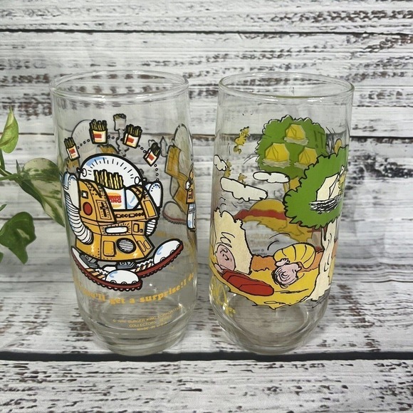 Vintage Peanuts McDonald’s Burger King Camp Snoopy Wizard Fries Glasses Set of 2 - Picture 2 of 11